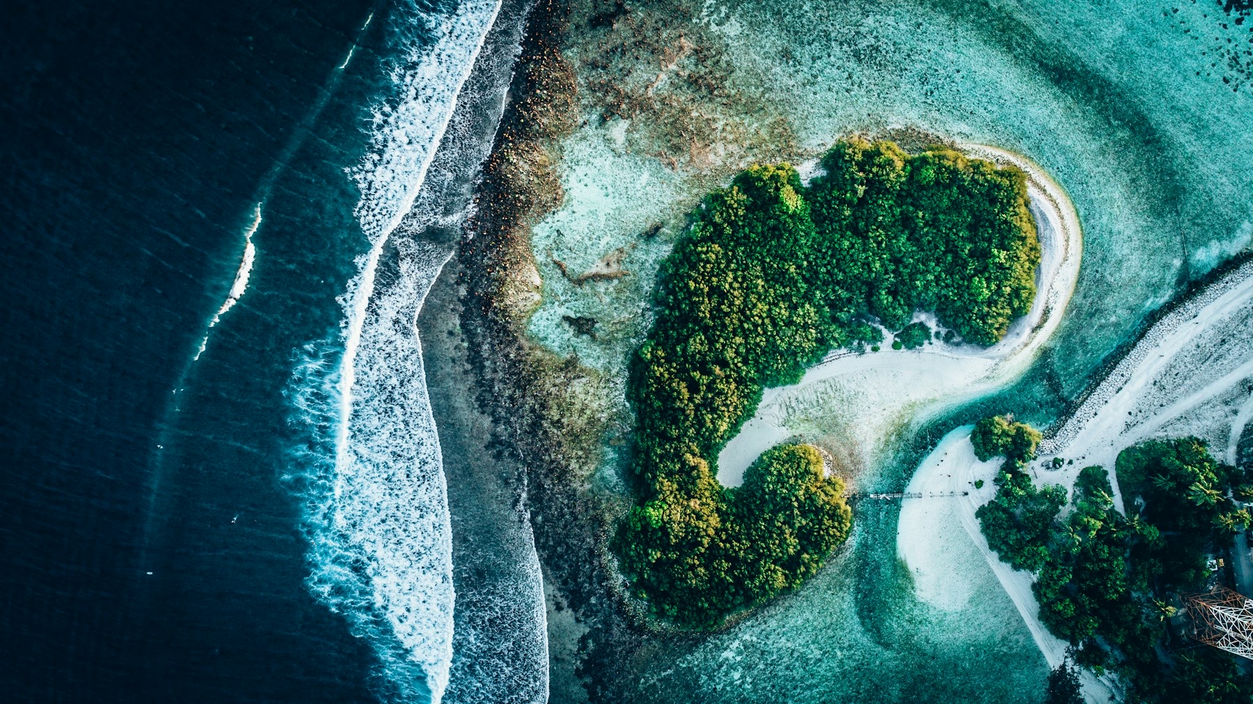 Aerial view of a jungle-covered island ringed by reef and dark-teal water off Bintan.