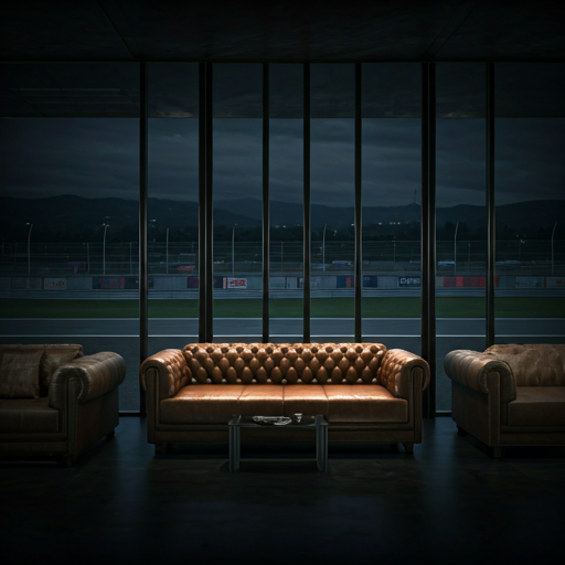 A luxury members' lounge with leather seating and a minimalist bar overlooking a dark racing track.