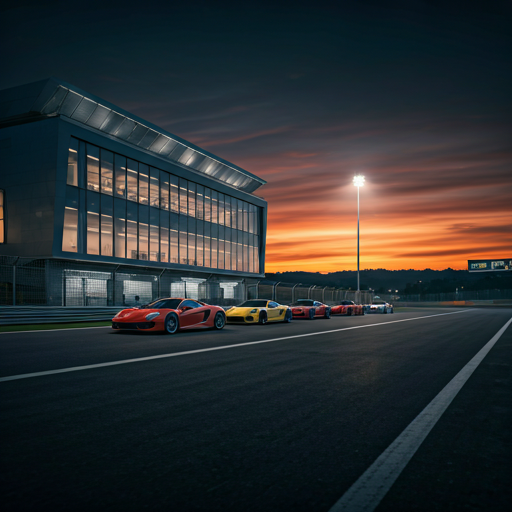 Dusk over a luxury racing clubhouse and paddock with high-end sports cars parked along the start-finish line.