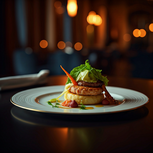 A Michelin-star plate with gourmet plating, captured with moody lighting in a luxury restaurant.