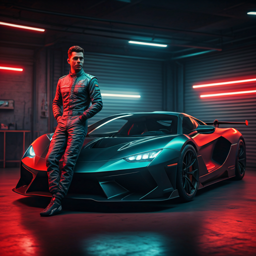 A focused driver leaning against a sleek hypercar in a garage lit with red and blue neon.