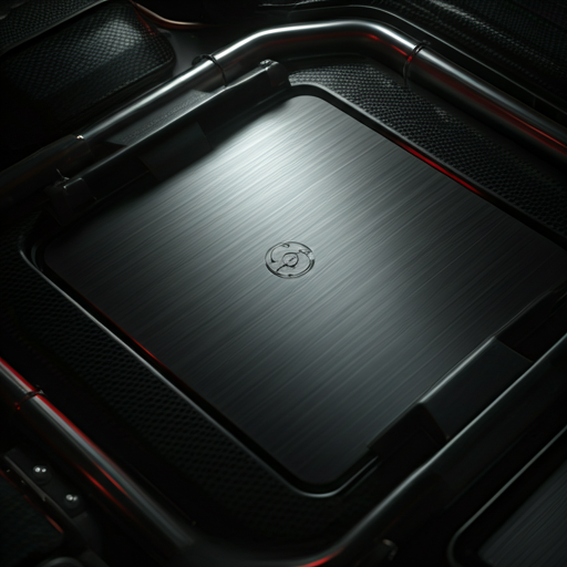 Macro close-up of a high-performance engine component with brushed silver metal and carbon-fiber weave.