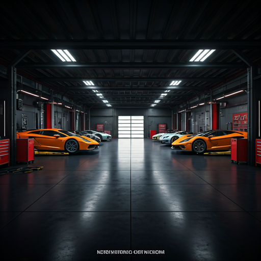 A hyper-modern racing garage with polished dark floors, supercars on lifts, carbon-fiber accents and glowing red details.