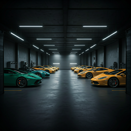 A row of luxury sports cars perfectly aligned in an industrial-chic garage under soft linear lighting.