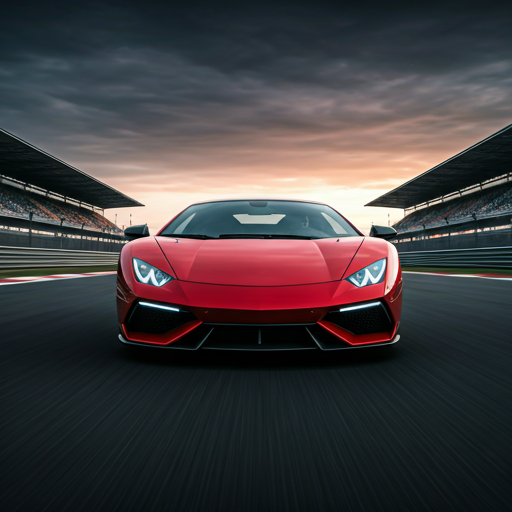 A red supercar accelerating on a dark racing track at dusk, headlights cutting through motion-blurred grandstands.