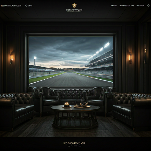 A luxury private members' club interior with deep leather armchairs and a view of a dimly lit race track at dusk.