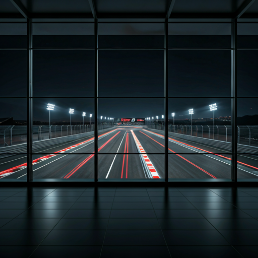 View from a glass-walled observation deck overlooking a floodlit race track at night.