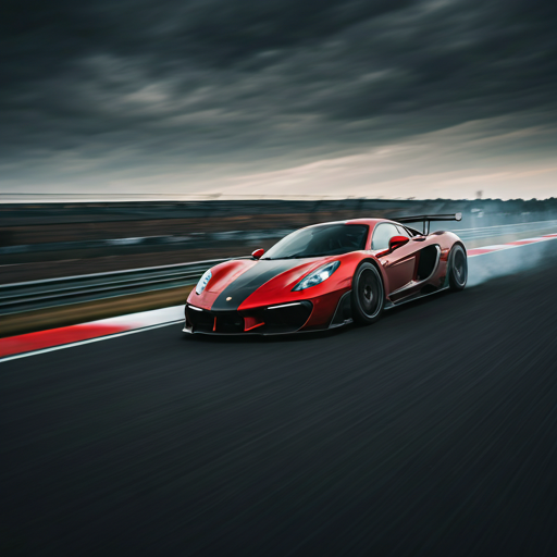 A race car cornering hard through a hairpin with tire smoke and heat haze in dramatic late-afternoon light.